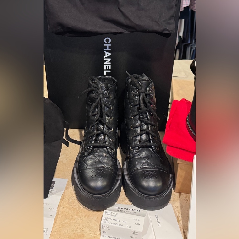 CHANEL Black Quilted Lace-Up Boots